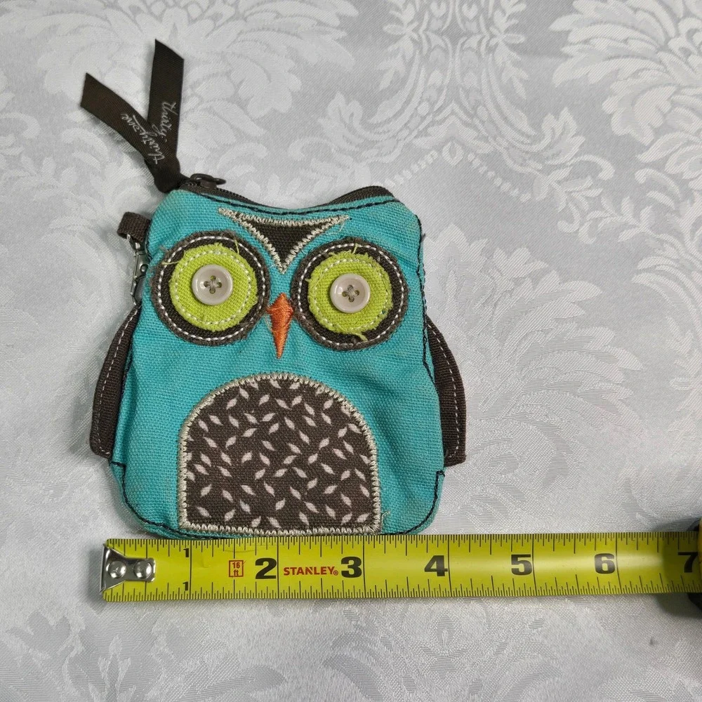 Thirty-One Owl Coin Purse Turquoise Blue Canvas Zipper Pouch with Key Clip